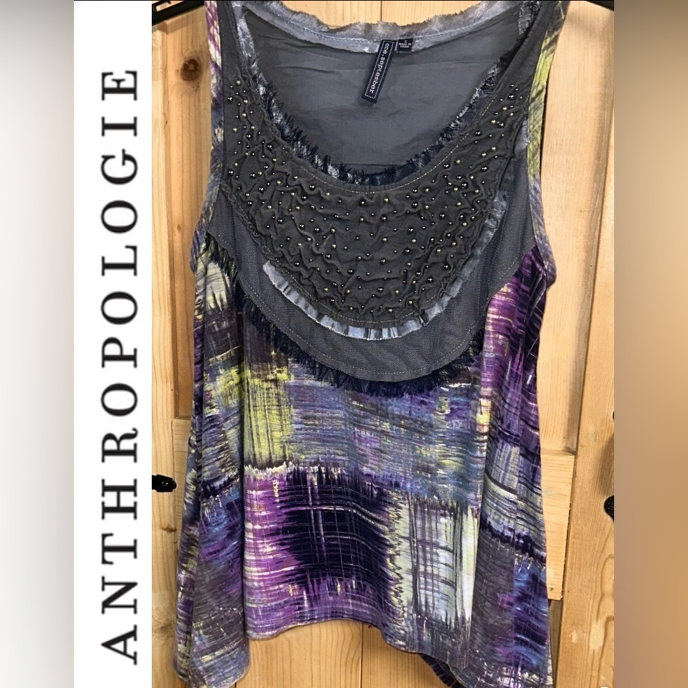 Anthropologie One September, Sleeveless Shirt, Beaded, Green, Gray Purple tank - Picture 3 of 6